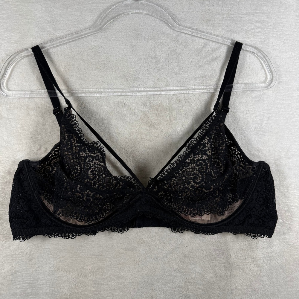 Adore Me Black Lace Strappy Underwire Bra 40D BR-07783-PLU Floral Mesh Lingerie